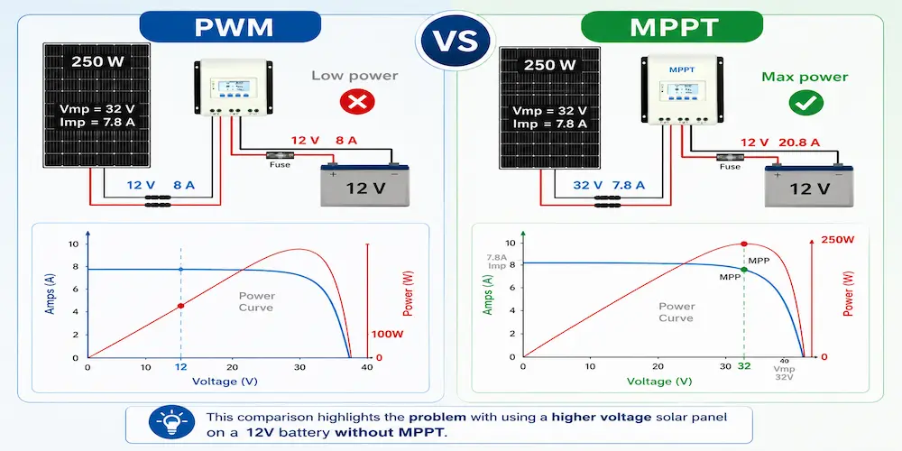 two sections on a single image. one section shows mppt charge control connected to 250w, 32v solar panel while the second half of the image also show 250w, 32v connected to pwm charge control