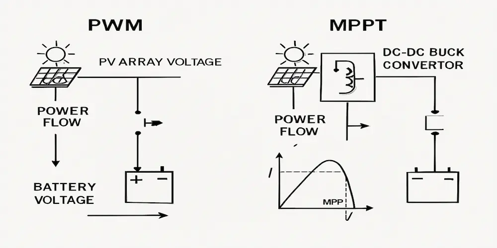 Image diagram shows the Efficiency of mppt vs pwm charge control, on how they perform when solar panels supply voltage