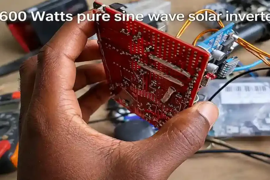 an expert holding a 600 watt solar inverter he designed and built from scratch, showing internal circuit board and components