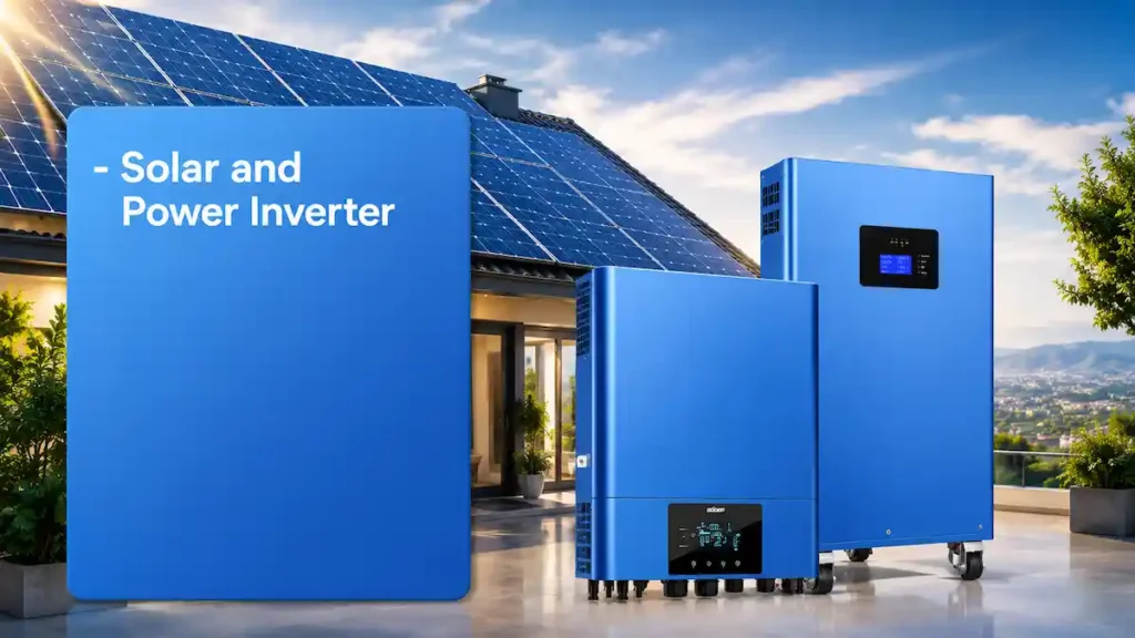 house with solar panels at rooftop and two inverters beside the image