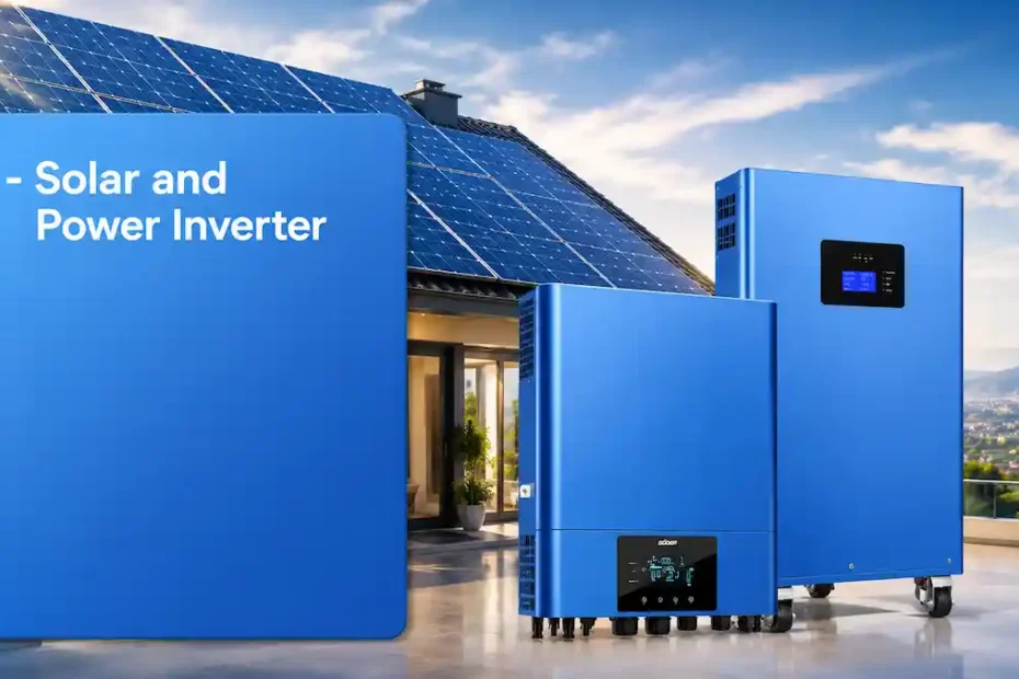 house with solar panels at rooftop and two inverters beside the image