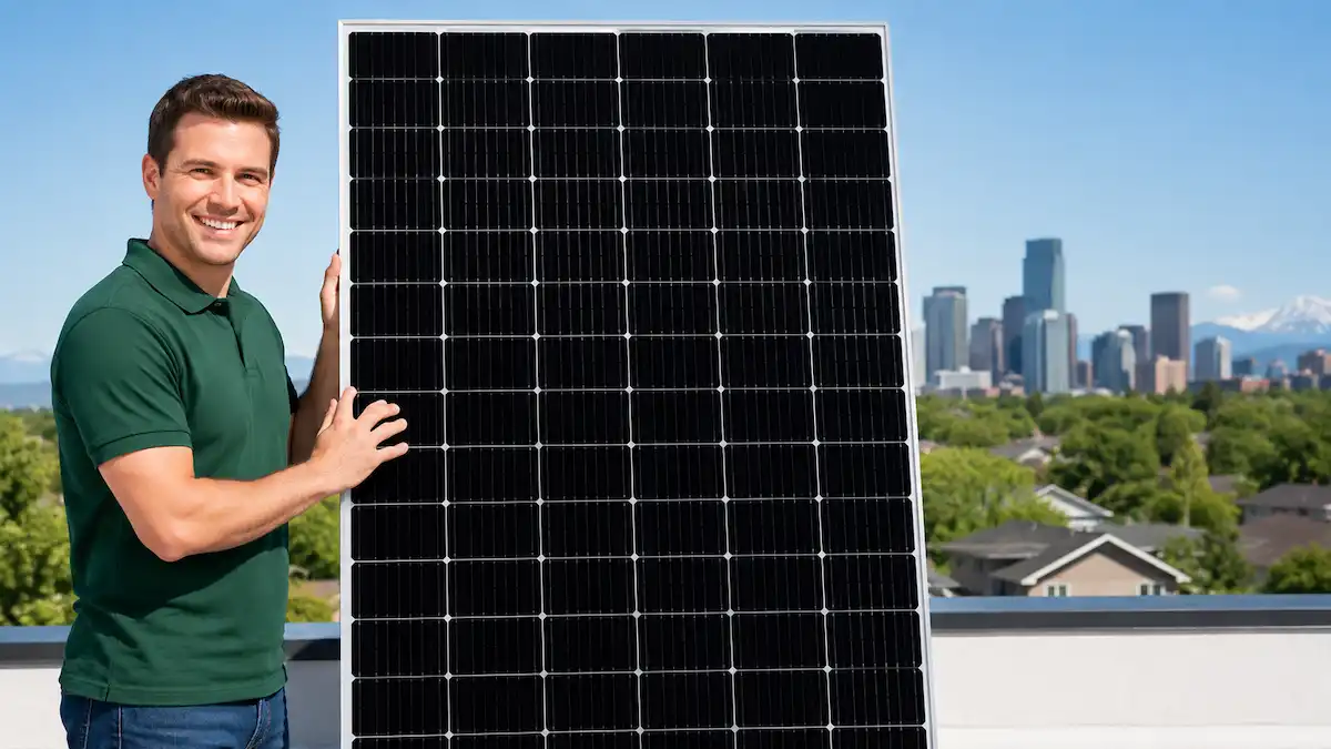 an expert holding and explaining what power a 500w solar panel can produce