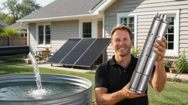 a man holding solar water pump oh his hand standing at his house backyard with solar panels installed and water running from water pipe inside of the image