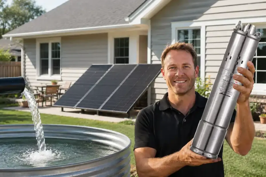 a man holding solar water pump oh his hand standing at his house backyard with solar panels installed and water running from water pipe inside of the image