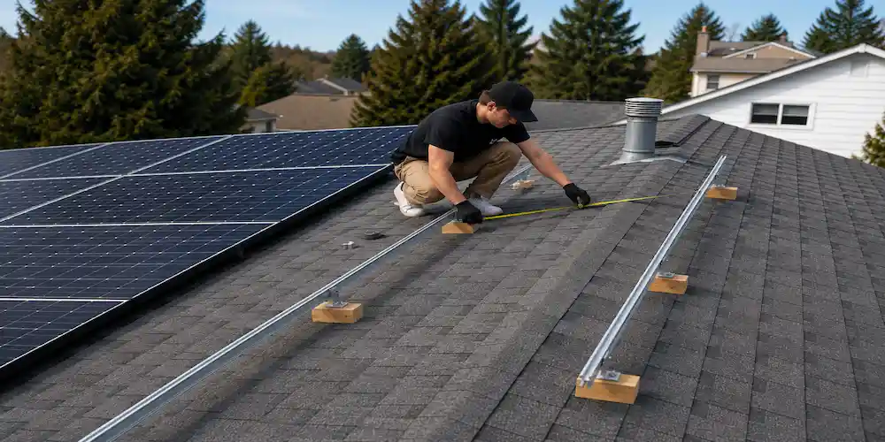 man measuring space on top of roof