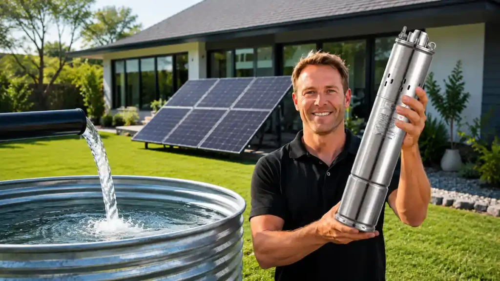 Residential solar water pumping system with a stainless steel submersible pump, modern home, rooftop solar panels, and water storage tank.