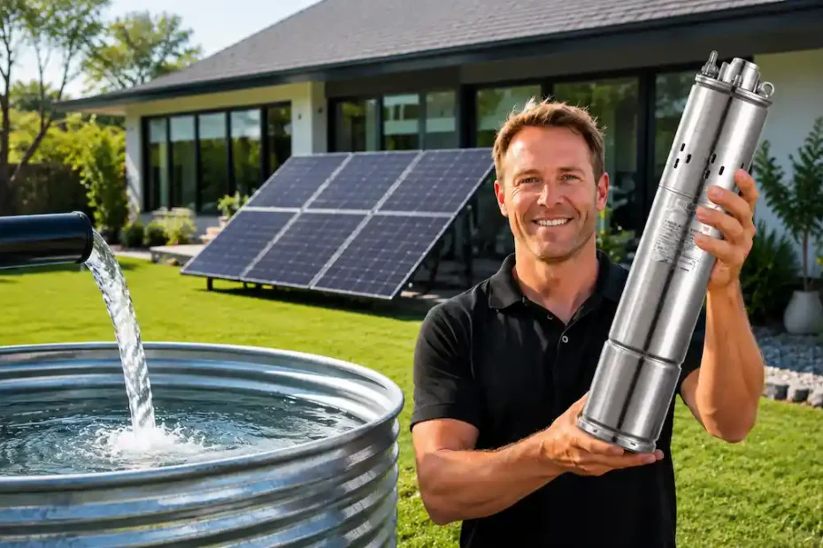 Residential solar water pumping system with a stainless steel submersible pump, modern home, rooftop solar panels, and water storage tank.