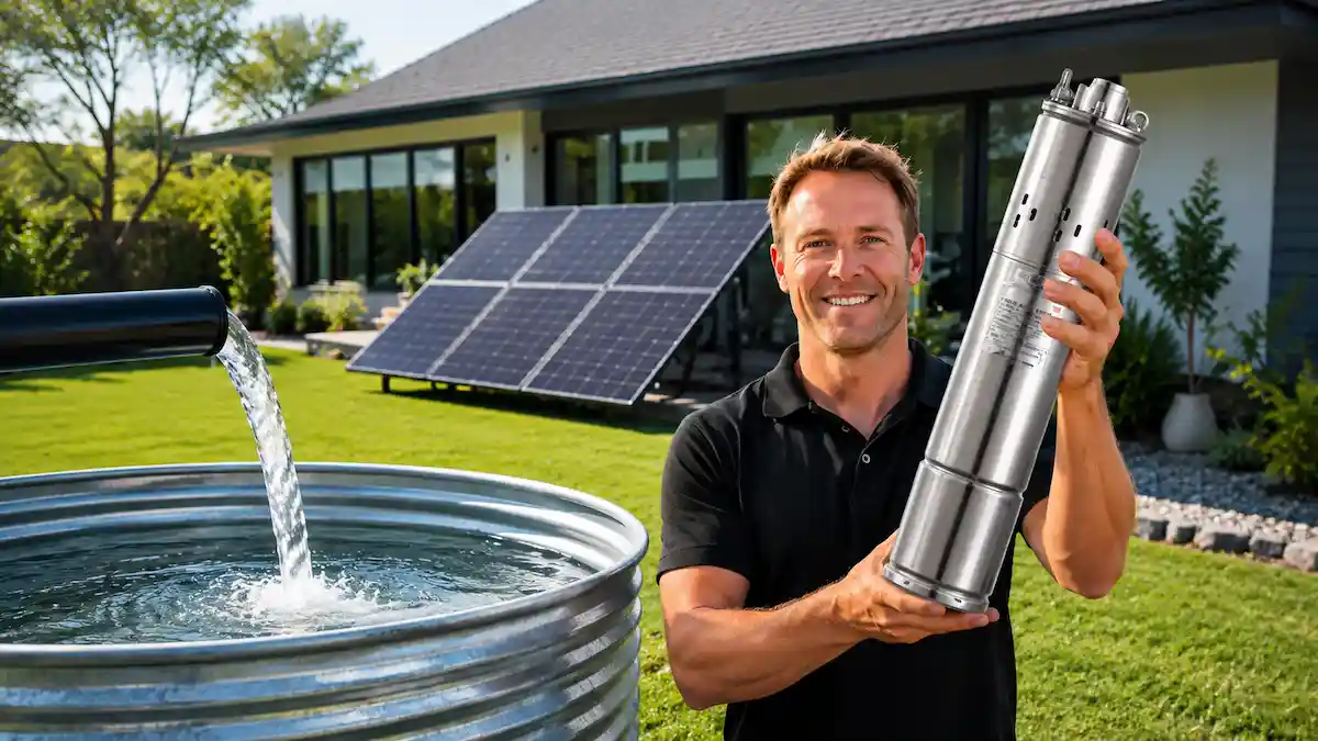 Residential solar water pumping system with a stainless steel submersible pump, modern home, rooftop solar panels, and water storage tank.