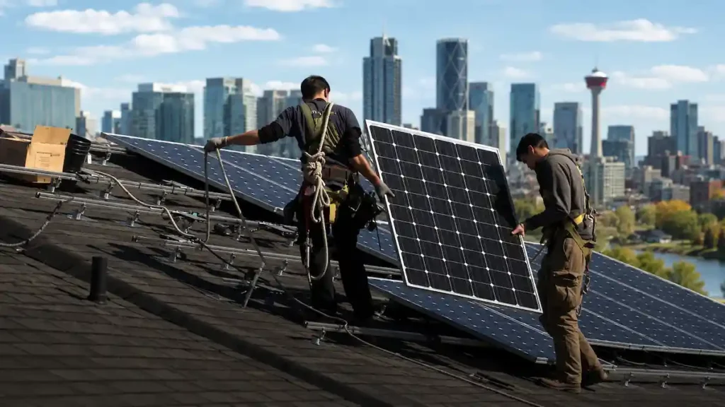 Two guys holding solar panel on top of roof in canada