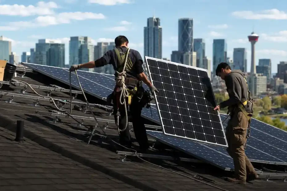 Two guys holding solar panel on top of roof in canada