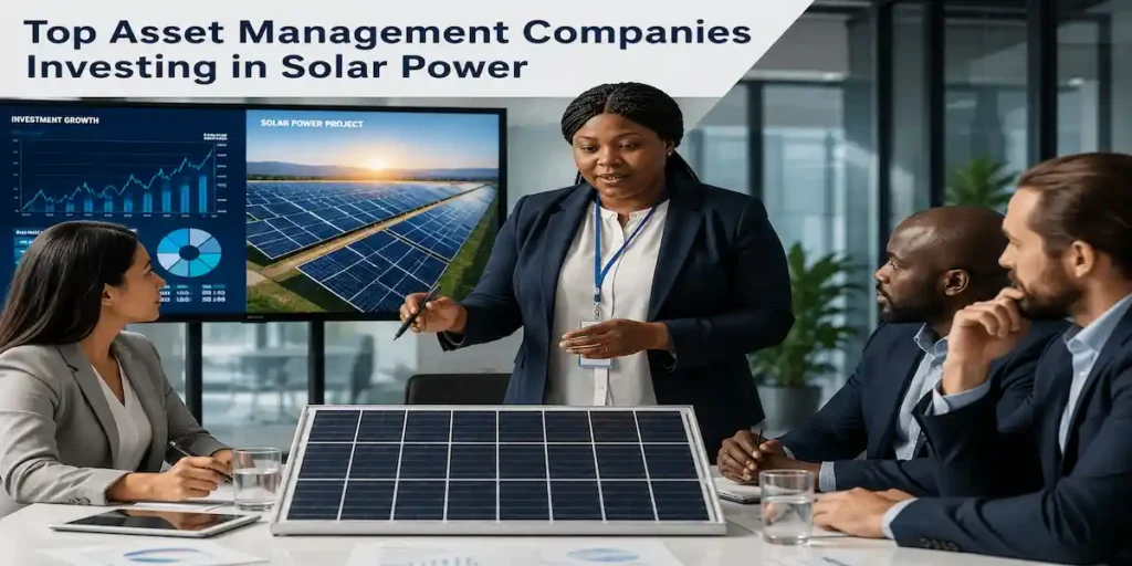 Investment professionals reviewing solar energy projects, market performance, and renewable energy portfolios during an asset management strategy meeting.