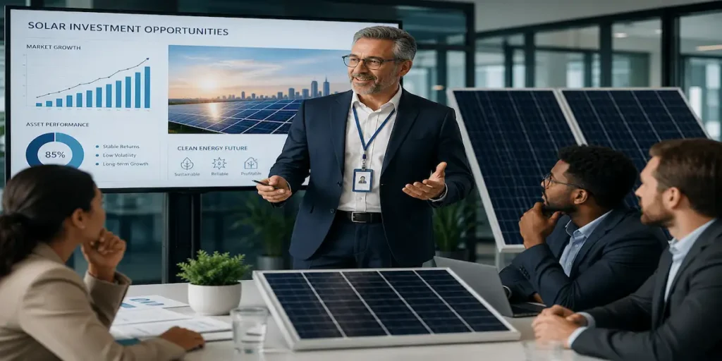 Financial experts presenting solar investment opportunities, renewable energy market growth, and asset management strategies for long-term portfolio diversification.