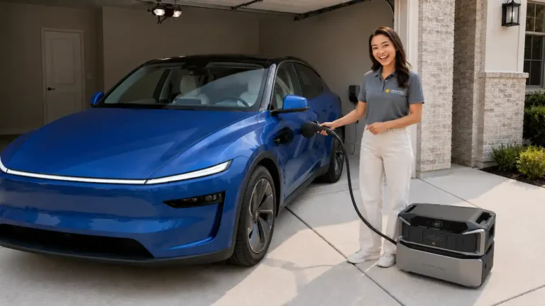 a smiling lady charging her EV at home with her solar power generator