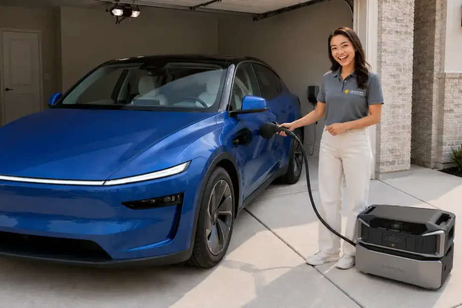 a smiling lady charging her EV at home with her solar power generator