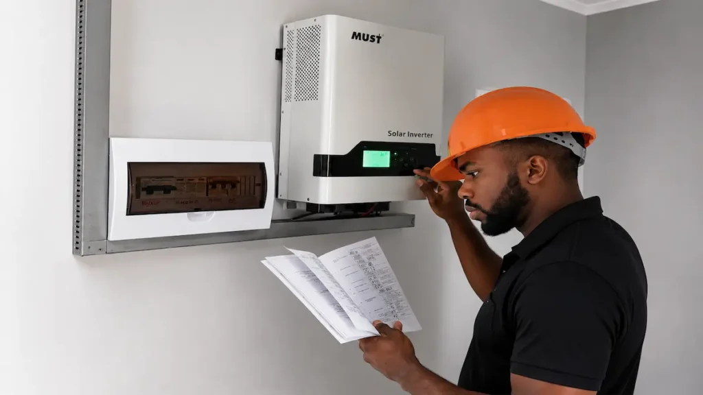 an installer seting up inverter holdind manual paper on the other hand after installation