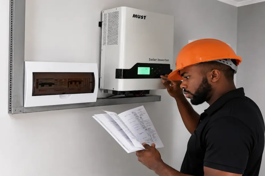 an installer seting up inverter holdind manual paper on the other hand after installation