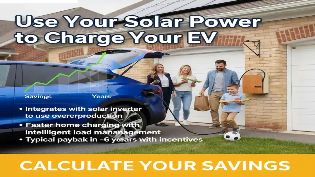 Family of three preparing to leave in their electric vehicle while it finishes charging at home