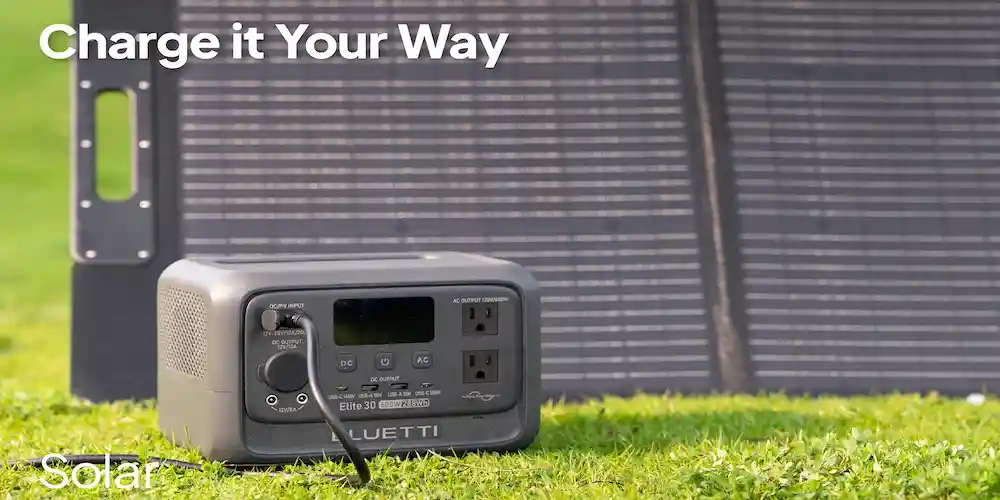 Charging BLUETTI Elite 30 V2 Portable Power Station with solar panels