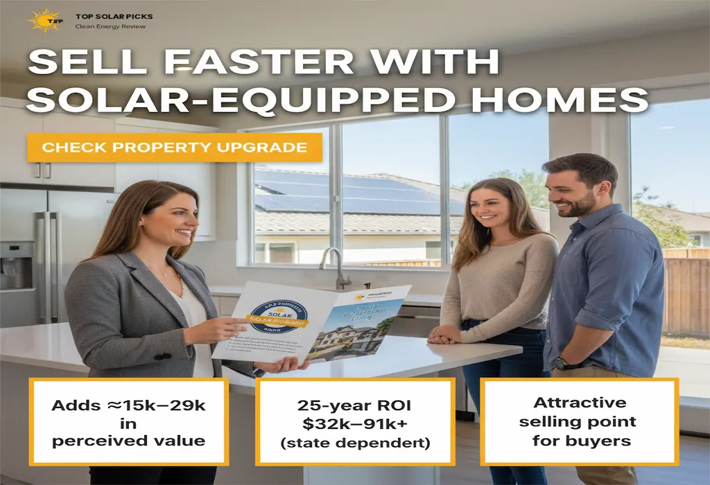 Real estate agent advising a couple on selling their home faster with solar panels installed – 2025 solar home value benefits
