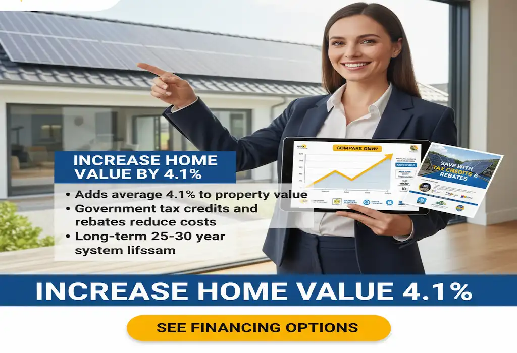 Homeowner smiling and pointing to her house with solar panels installed – 4.1% estimated increase in home value