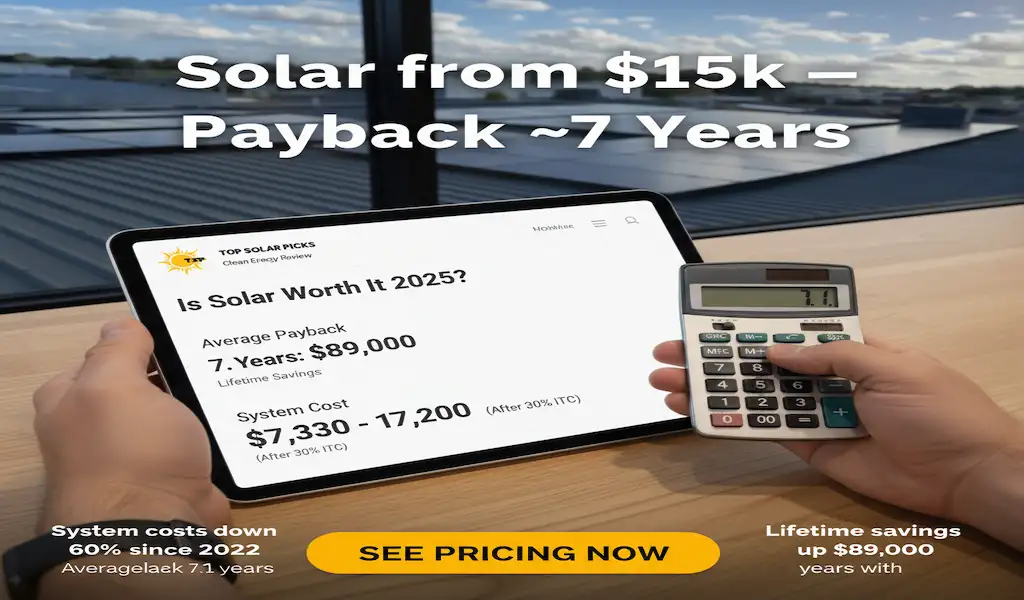 Homeowner using a calculator while checking Top Solar Picks solar savings page on a tablet to estimate 2025 solar payback