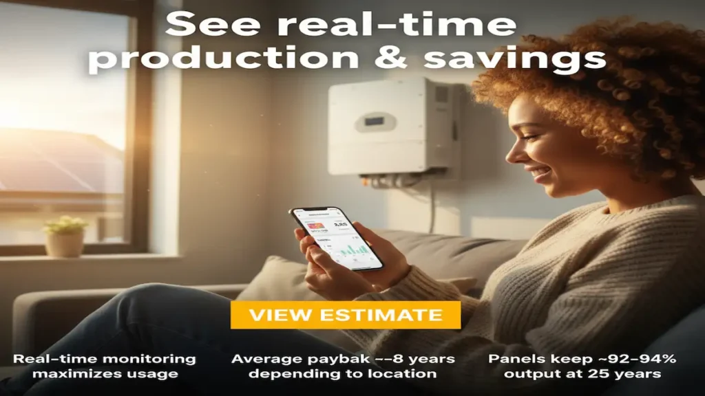 Smiling homeowner reviewing her 2025 solar savings on a smartphone after installing solar panels on her home
