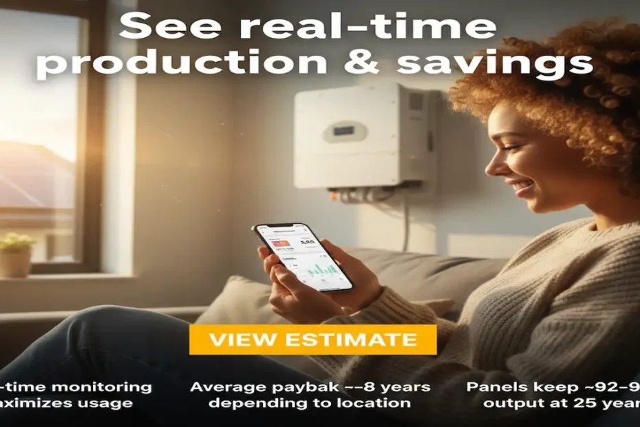 Smiling homeowner reviewing her 2025 solar savings on a smartphone after installing solar panels on her home
