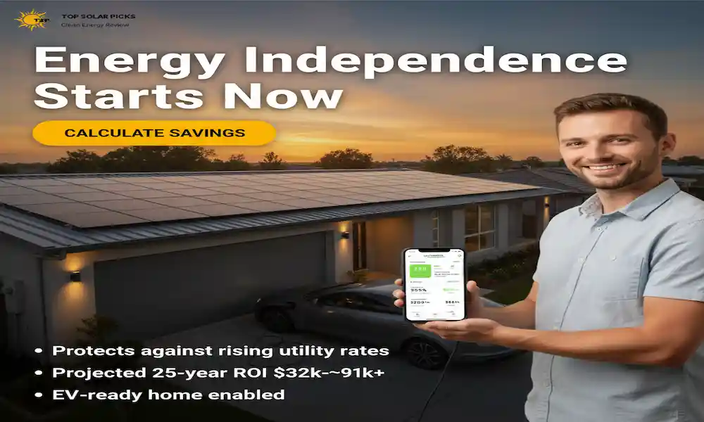 Man standing outside his home with rooftop solar panels, showing energy savings on his smartphone.