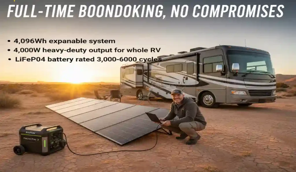 Man setting up portable solar panels and a solar generator at a boondocking campsite