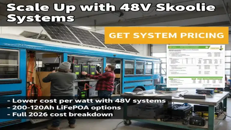 Couple installing solar panels on top of a skoolie bus during a solar conversion