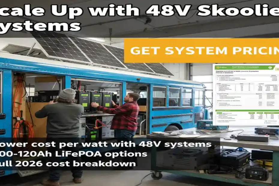 Couple installing solar panels on top of a skoolie bus during a solar conversion