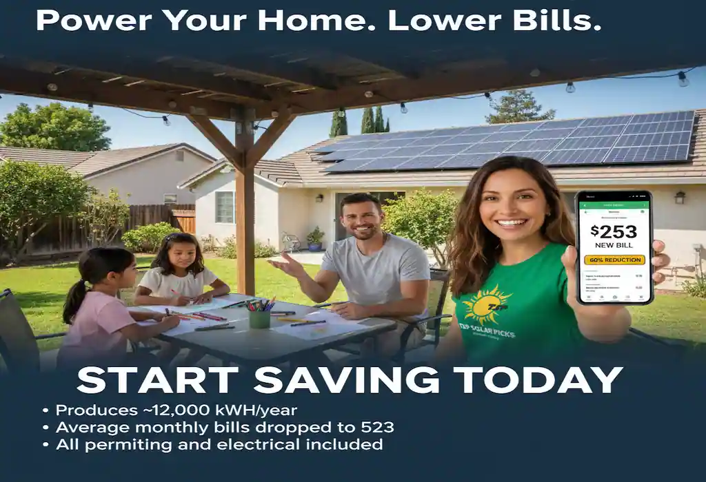Happy California family in sunny backyard with solar-paneled home, woman showing phone screen with new $253 electric bill and 60% reduction – real Palm Springs Airbnb case study savings in 2025
