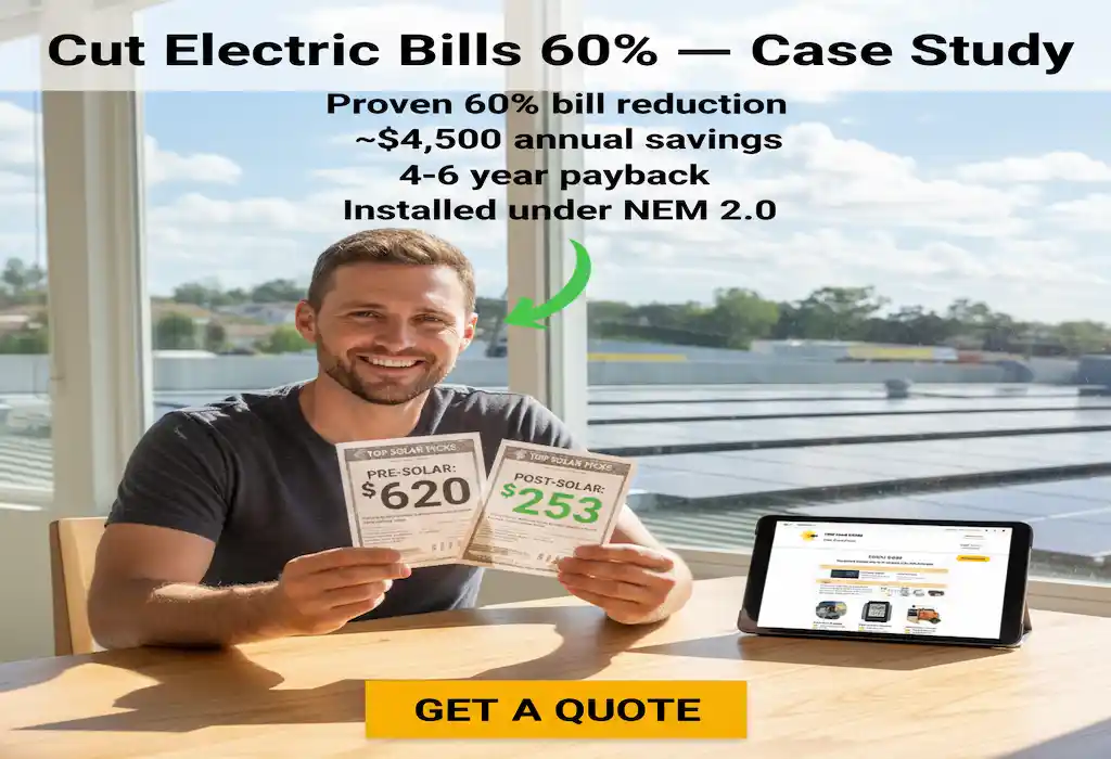California homeowner smiling while holding before-and-after electric bills showing monthly costs drop from $620 pre-solar to $253 post-solar – real Palm Springs case study with 60% reduction and $4,500 annual savings in 2025