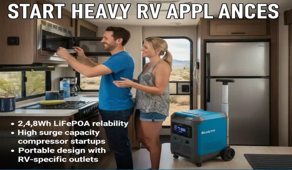 Couple arranging appliances inside an off-grid RV during a boondocking trip