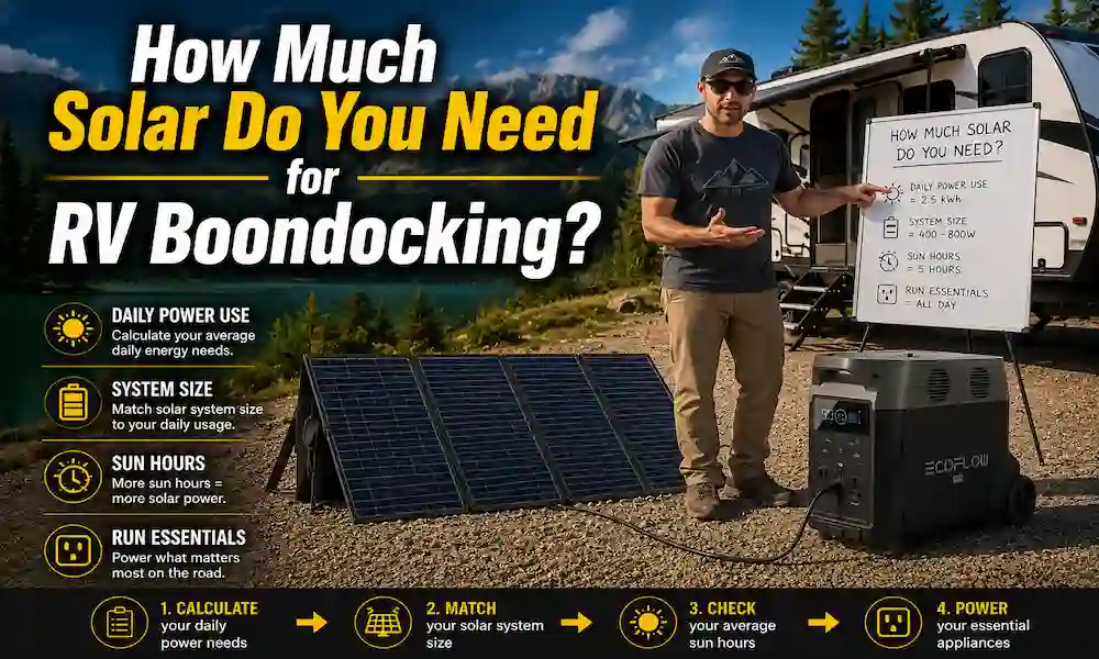 A man standing beside his Boondocking, explaining How Much Solar You to set up