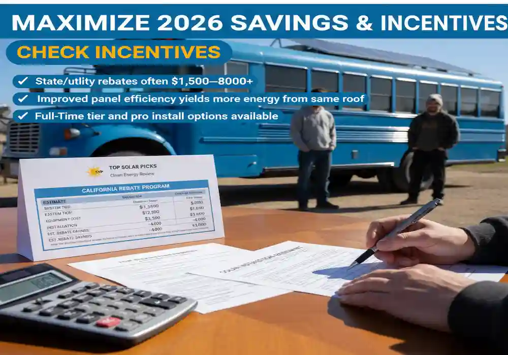 Skoolie solar conversion planning outdoors with cost calculations displayed on Top Solar Picks website