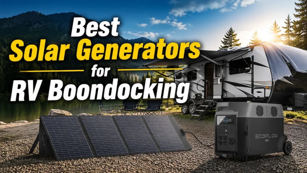 Boondocking with solar generator and panels set up in camping