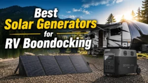 Boondocking with solar generator and panels set up in camping