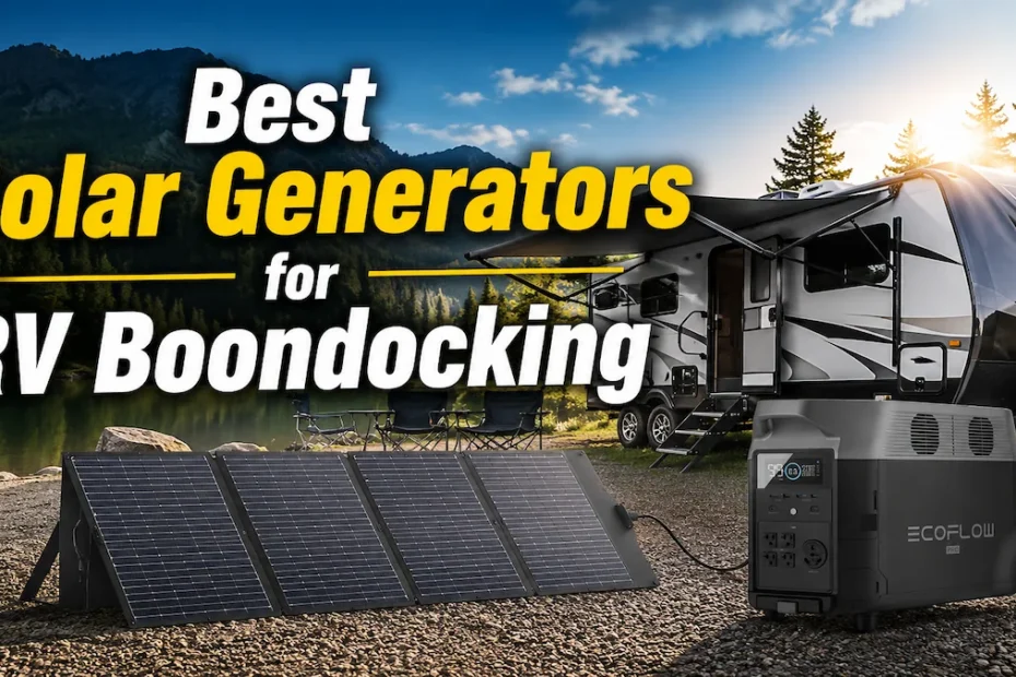 Boondocking with solar generator and panels set up in camping
