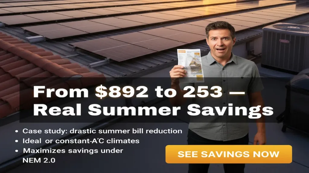 Palm Springs homeowner on rooftop with solar panels showing real electric bill drop from $892 to $253 per month after installing solar – case study savings before 30% federal tax credit ends December 2025