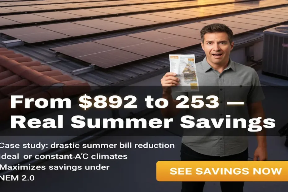 Palm Springs homeowner on rooftop with solar panels showing real electric bill drop from $892 to $253 per month after installing solar – case study savings before 30% federal tax credit ends December 2025