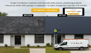 tesla Solar Roof installation in progress 2025 – certified installers replacing old roof with solar glass tiles and Powerwall setup