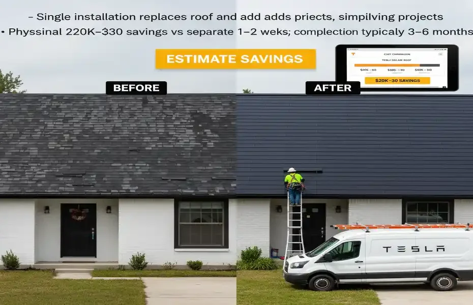 tesla Solar Roof installation in progress 2025 – certified installers replacing old roof with solar glass tiles and Powerwall setup