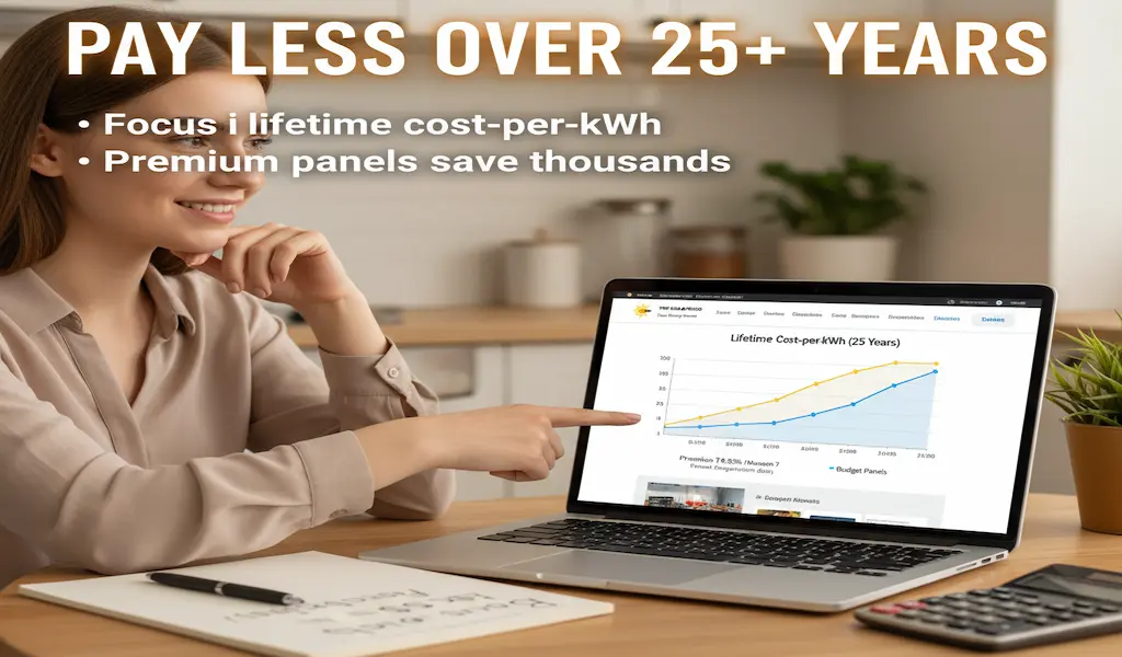 lady checking Top Solar Picks site in her laptop to get information about solar panels