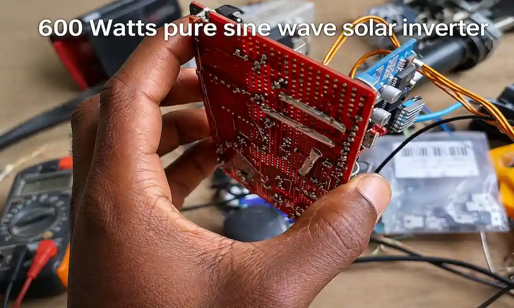 John Tanko holding a 600 watt solar inverter he designed and built from scratch, showing internal circuit board and components