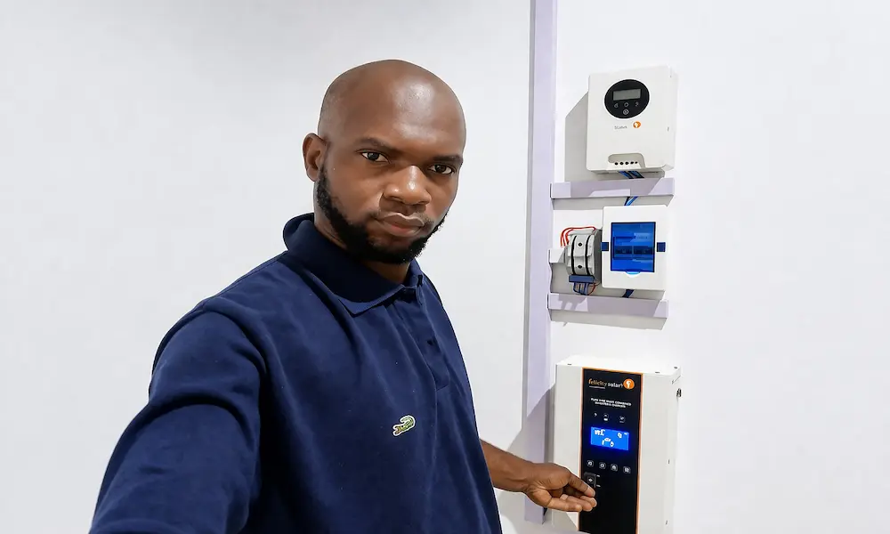 John Tanko, solar inverter builder and installer, next to a real hybrid solar inverter system installation