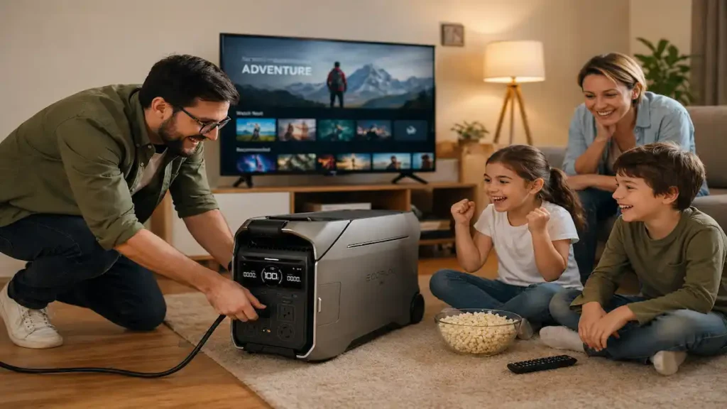 a happy man with his family happy using The EcoFlow DELTA Pro 3