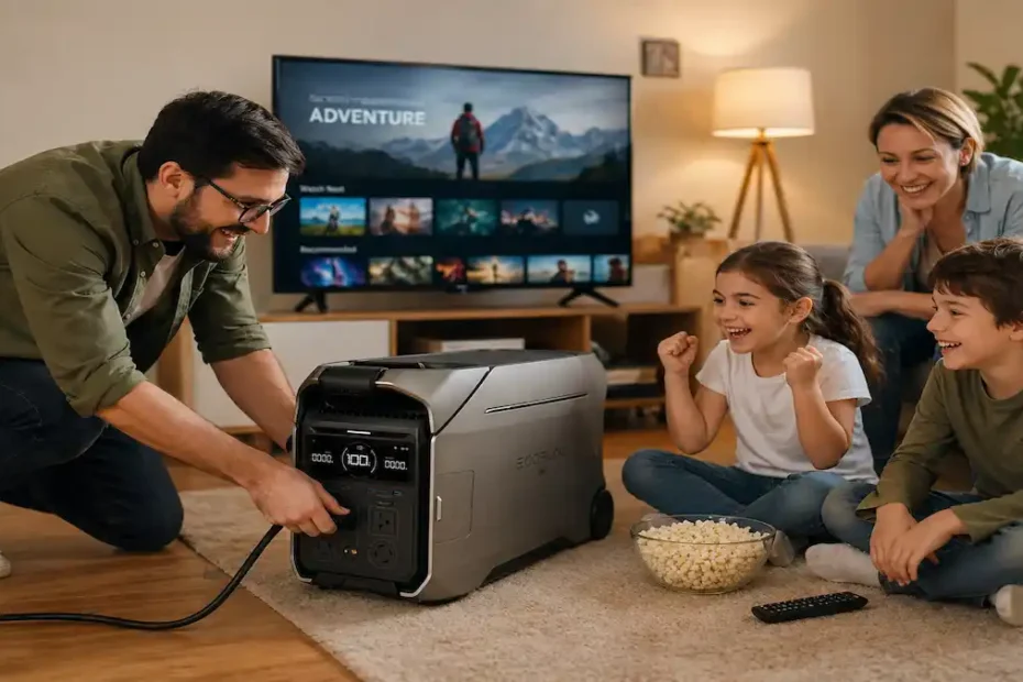 a happy man with his family happy using The EcoFlow DELTA Pro 3
