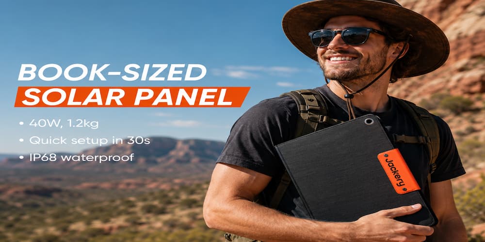 a camper holding his Jackery portable solar panel