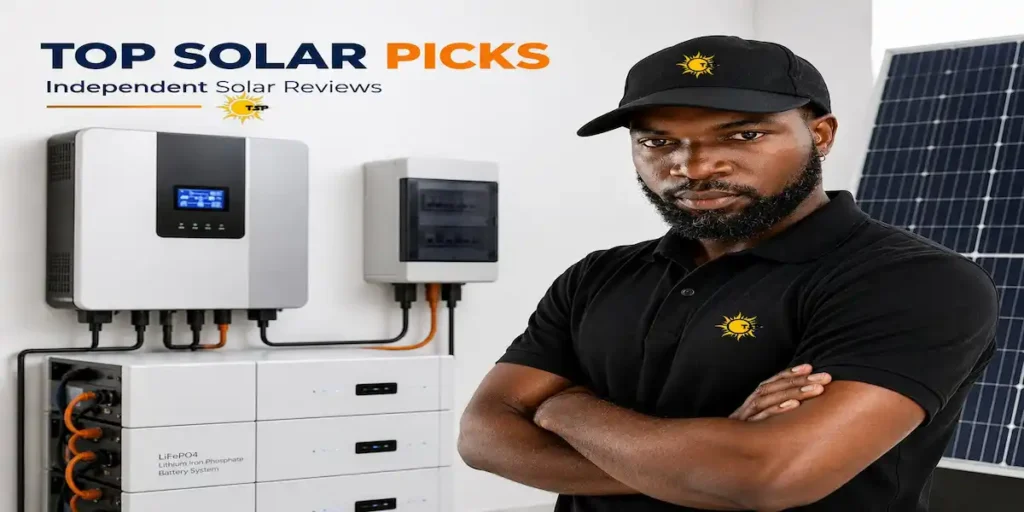 ohn Tanko, solar inverter builder and installer, next to a real hybrid solar inverter system installation